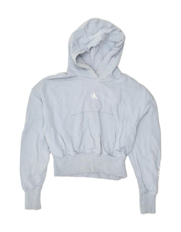 CALVIN KLEIN Womens Graphic Hoodie Jumper UK 6 XS Blue Cotton Hoodie with Hem Embroidery Detailed Premium CALVIN KLEIN Womens Graphic Hoodie Jumper UK 6 XS Blue Cotton Hoodie with Hem Embroidery Detailed Premium