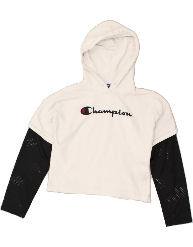 CHAMPION Womens Crop Graphic Hoodie Jumper UK12 Medium White Colourblock Hoodie with Color Block Contrast Stylish CHAMPION Womens Crop Graphic Hoodie Jumper UK12 Medium White Colourblock Hoodie with Color Block Contrast Stylish