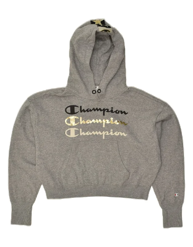 CHAMPION Womens Graphic Crop Hoodie Jumper UK 12 Medium Grey Cotton Hoodie with Drawcord Adjustable Secure CHAMPION Womens Graphic Crop Hoodie Jumper UK 12 Medium Grey Cotton Hoodie with Drawcord Adjustable Secure