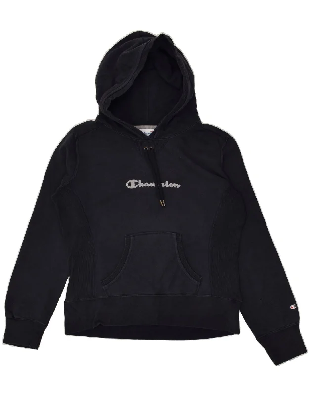 CHAMPION Womens Graphic Hoodie Jumper UK 14 Medium Navy Blue Cotton Cotton Hoodie Fleece Lining Warmth CHAMPION Womens Graphic Hoodie Jumper UK 14 Medium Navy Blue Cotton Cotton Hoodie Fleece Lining Warmth