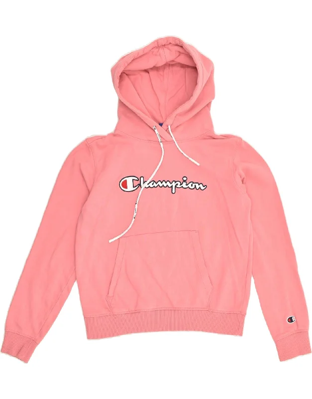 CHAMPION Womens Graphic Hoodie Jumper UK 4 XS Pink Cotton Hoodie with Back Slit Movement Comfort CHAMPION Womens Graphic Hoodie Jumper UK 4 XS Pink Cotton Hoodie with Back Slit Movement Comfort