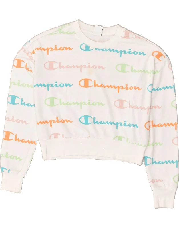 CHAMPION Womens Graphic Sweatshirt Jumper UK 14 Medium White Cotton Hoodie with Sequins Glamorous Eye-catching CHAMPION Womens Graphic Sweatshirt Jumper UK 14 Medium White Cotton Hoodie with Sequins Glamorous Eye-catching