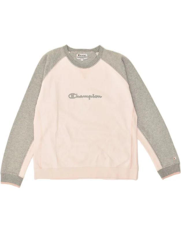 CHAMPION Womens Graphic Sweatshirt Jumper UK 16 Large Grey Colourblock Hoodie Sweatshirt Pullover