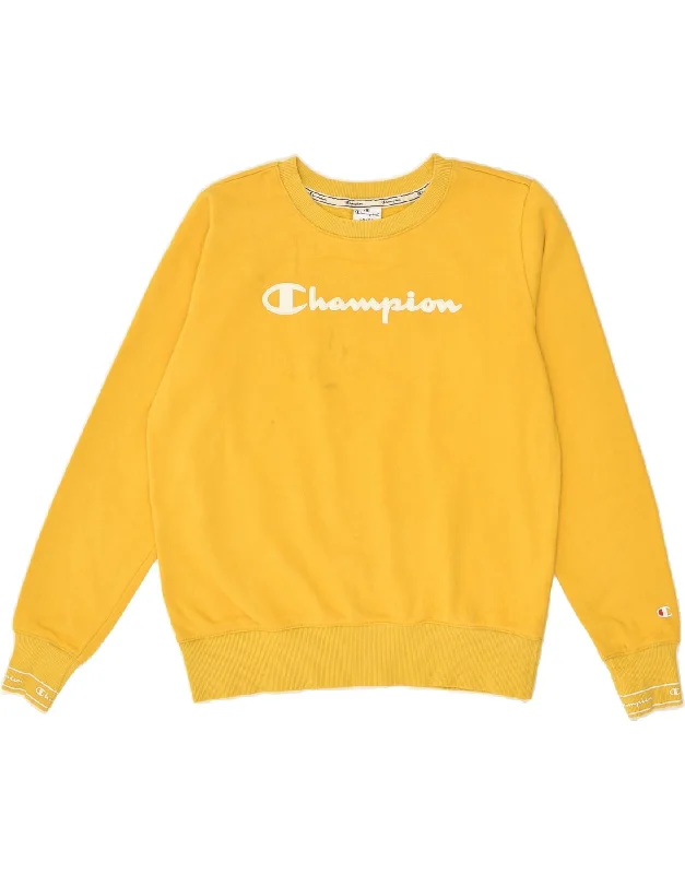 CHAMPION Womens Graphic Sweatshirt Jumper UK 16 Large Yellow Cotton Hoodie with Hem Lace Feminine Delicate CHAMPION Womens Graphic Sweatshirt Jumper UK 16 Large Yellow Cotton Hoodie with Hem Lace Feminine Delicate
