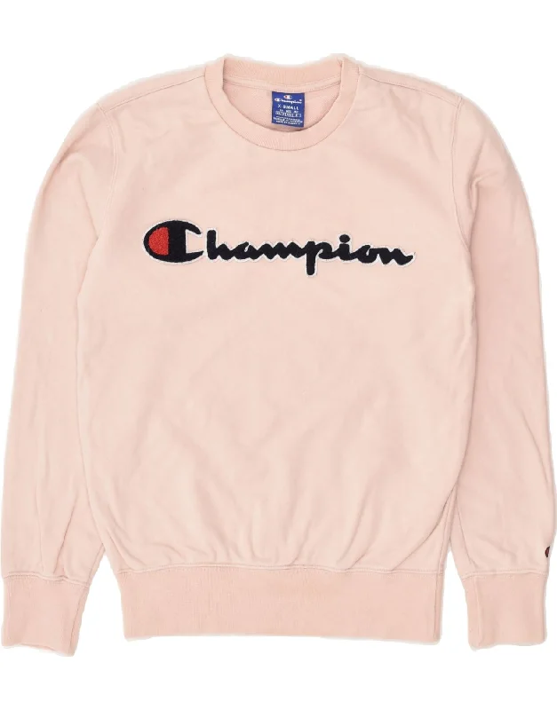 CHAMPION Womens Graphic Sweatshirt Jumper UK 6 XS Pink Cotton Hoodie with Contrast Stitching Detailed Premium CHAMPION Womens Graphic Sweatshirt Jumper UK 6 XS Pink Cotton Hoodie with Contrast Stitching Detailed Premium