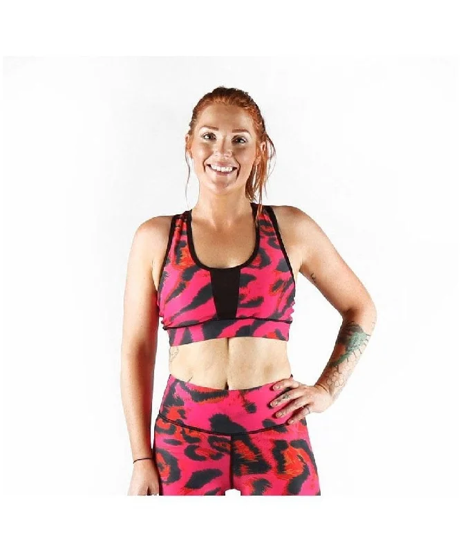 Combat Dollies Pink Leopard Sports Bra Lace Back Bra