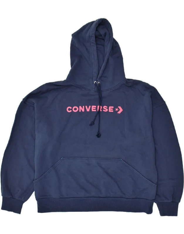 CONVERSE Womens Graphic Hoodie Jumper 2XL Navy Blue Cotton Hoodie with Cropped Fit Short Trendy CONVERSE Womens Graphic Hoodie Jumper 2XL Navy Blue Cotton Hoodie with Cropped Fit Short Trendy