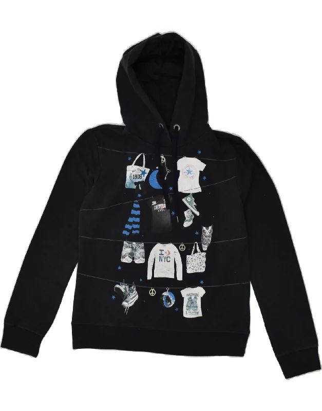 CONVERSE Womens Graphic Hoodie Jumper UK 14 Large Navy Blue Cotton Hoodie with Half-Zip Sporty Casual CONVERSE Womens Graphic Hoodie Jumper UK 14 Large Navy Blue Cotton Hoodie with Half-Zip Sporty Casual