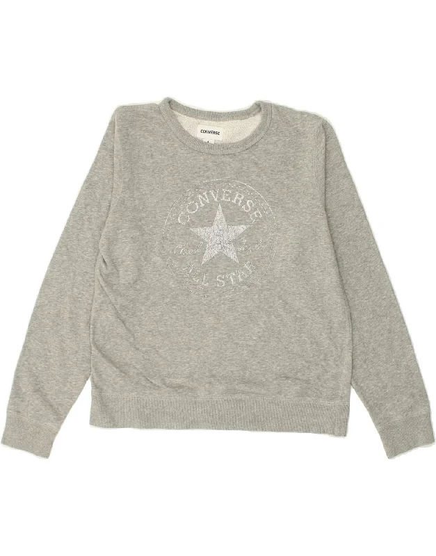 CONVERSE Womens Graphic Sweatshirt Jumper UK 14 Large Grey Cotton Hoodie with Longline Fit Extended Stylish CONVERSE Womens Graphic Sweatshirt Jumper UK 14 Large Grey Cotton Hoodie with Longline Fit Extended Stylish