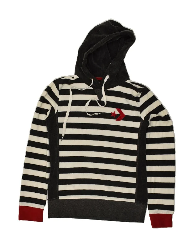 CONVERSE Womens Hoodie Jumper UK 12 Medium Black Striped Cotton Hoodie with Monochrome Minimalist Simple CONVERSE Womens Hoodie Jumper UK 12 Medium Black Striped Cotton Hoodie with Monochrome Minimalist Simple