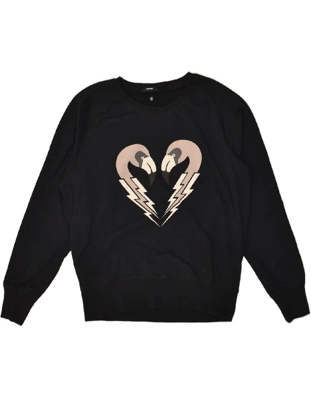 DIESEL Womens Graphic Sweatshirt Jumper UK 10 Small Black Cotton Hoodie with Front Slit Layering Stylish DIESEL Womens Graphic Sweatshirt Jumper UK 10 Small Black Cotton Hoodie with Front Slit Layering Stylish