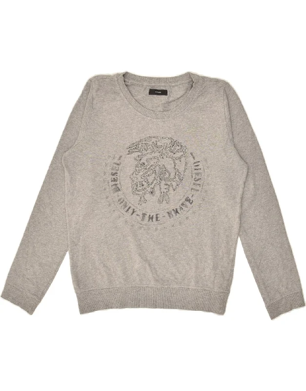 DIESEL Womens Graphic Sweatshirt Jumper UK 10 Small Grey Cotton Hoodie with Button Placket Classic Preppy DIESEL Womens Graphic Sweatshirt Jumper UK 10 Small Grey Cotton Hoodie with Button Placket Classic Preppy