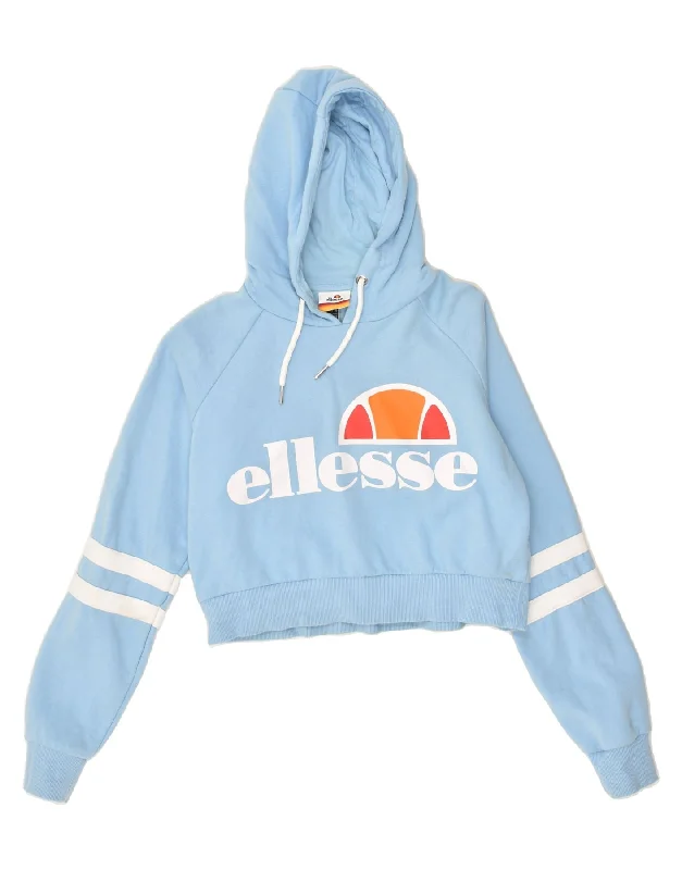 ELLESSE Womens Crop Graphic Hoodie Jumper UK 10 Small Blue Cotton Graphic Hoodie Design Print ELLESSE Womens Crop Graphic Hoodie Jumper UK 10 Small Blue Cotton Graphic Hoodie Design Print