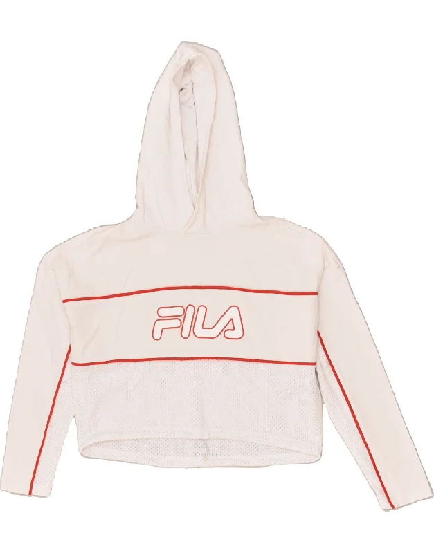 FILA Womens Crop Graphic Hoodie Jumper UK 6 XS White Cotton Hoodie with Elastic Cuffs Stretchable Comfortable FILA Womens Crop Graphic Hoodie Jumper UK 6 XS White Cotton Hoodie with Elastic Cuffs Stretchable Comfortable