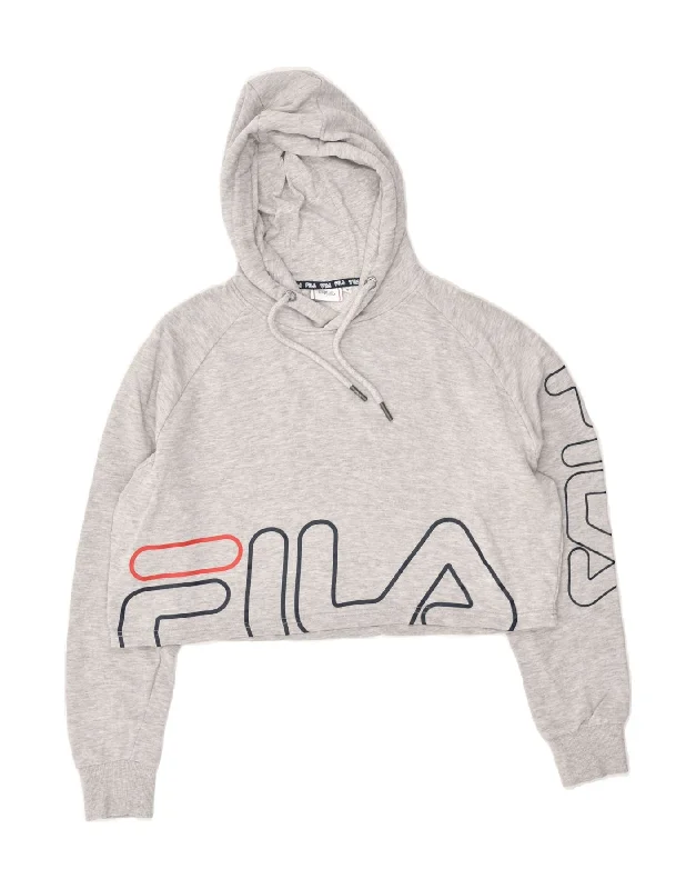 FILA Womens Graphic Crop Hoodie Jumper UK 10 Small Grey Cotton Hoodie with Hem Lace Feminine Delicate FILA Womens Graphic Crop Hoodie Jumper UK 10 Small Grey Cotton Hoodie with Hem Lace Feminine Delicate