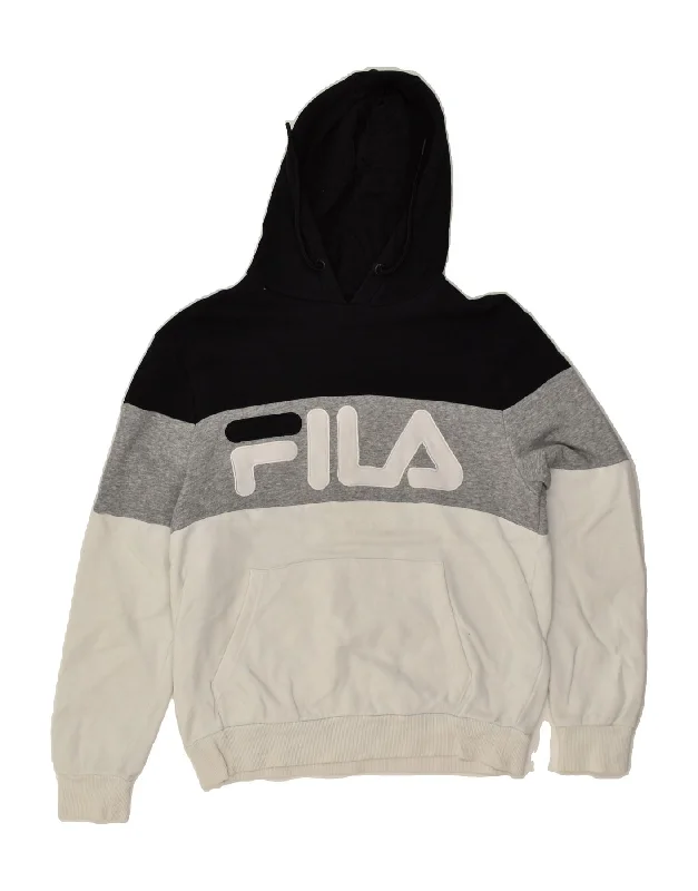 FILA Womens Graphic Hoodie Jumper UK 6 XS Grey Colourblock Cotton Hoodie with Pocket Utility Practical FILA Womens Graphic Hoodie Jumper UK 6 XS Grey Colourblock Cotton Hoodie with Pocket Utility Practical