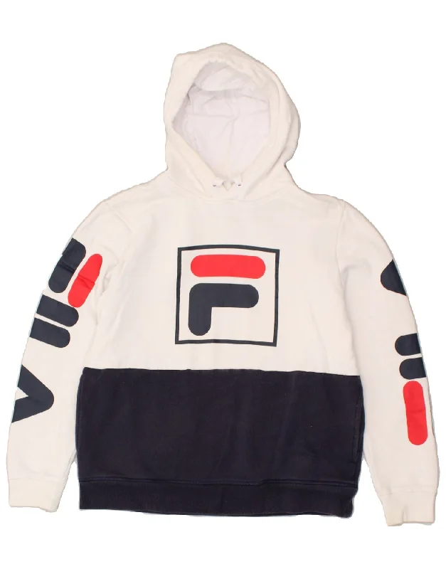 FILA Womens Graphic Hoodie Jumper UK 6 XS White Colourblock Cotton Hoodie with High Neck Warm Protective FILA Womens Graphic Hoodie Jumper UK 6 XS White Colourblock Cotton Hoodie with High Neck Warm Protective