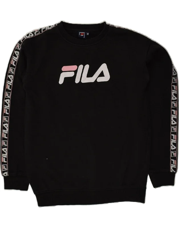 FILA Womens Graphic Sweatshirt Jumper UK 14 Medium Black Cotton Hoodie with Illustration Artistic Creative FILA Womens Graphic Sweatshirt Jumper UK 14 Medium Black Cotton Hoodie with Illustration Artistic Creative