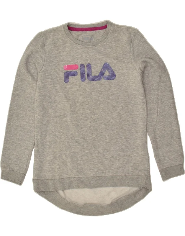 FILA Womens Graphic Sweatshirt Jumper UK 14 Medium Grey Cotton Hoodie with Front Slit Layering Stylish FILA Womens Graphic Sweatshirt Jumper UK 14 Medium Grey Cotton Hoodie with Front Slit Layering Stylish