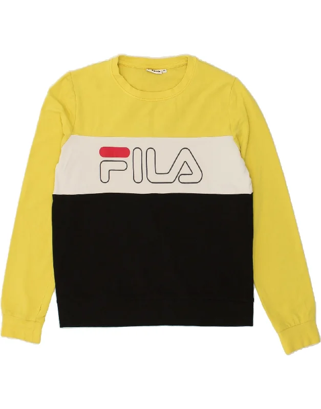 FILA Womens Graphic Sweatshirt Jumper UK 14 Medium Yellow Colourblock Hoodie with Rhinestones Sparkly Elegant FILA Womens Graphic Sweatshirt Jumper UK 14 Medium Yellow Colourblock Hoodie with Rhinestones Sparkly Elegant