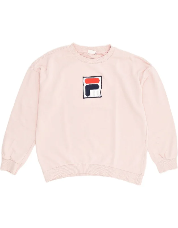 FILA Womens Graphic Sweatshirt Jumper UK 16 Large Pink Cotton Hoodie with Frayed Bohemian Relaxed FILA Womens Graphic Sweatshirt Jumper UK 16 Large Pink Cotton Hoodie with Frayed Bohemian Relaxed