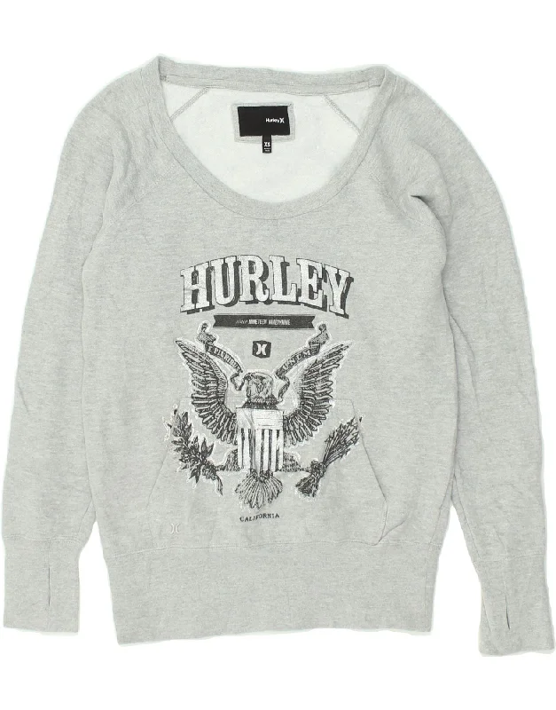 HURLEY Womens Graphic Sweatshirt Jumper UK 6 XS Grey Hoodie with Hem Contrast Bold Stylish HURLEY Womens Graphic Sweatshirt Jumper UK 6 XS Grey Hoodie with Hem Contrast Bold Stylish
