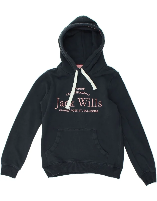 JACK WILLS Womens Graphic Hoodie Jumper UK 8 Medium Navy Blue Cotton Hoodie with Illustration Artistic Creative JACK WILLS Womens Graphic Hoodie Jumper UK 8 Medium Navy Blue Cotton Hoodie with Illustration Artistic Creative
