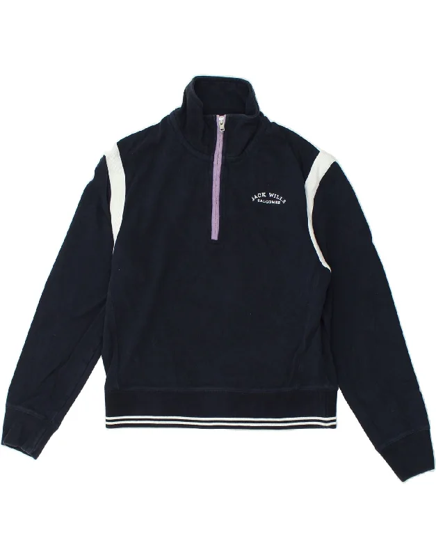 JACK WILLS Womens Zip Neck Sweatshirt Jumper UK 12 Medium Navy Blue Cotton Hoodie with Emblem Brand Identity JACK WILLS Womens Zip Neck Sweatshirt Jumper UK 12 Medium Navy Blue Cotton Hoodie with Emblem Brand Identity