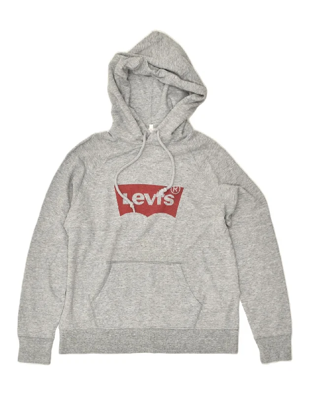 LEVI'S Womens Graphic Hoodie Jumper UK 14 Medium Grey Cotton Hoodie with Hem Patch Decorative Personalized LEVI'S Womens Graphic Hoodie Jumper UK 14 Medium Grey Cotton Hoodie with Hem Patch Decorative Personalized