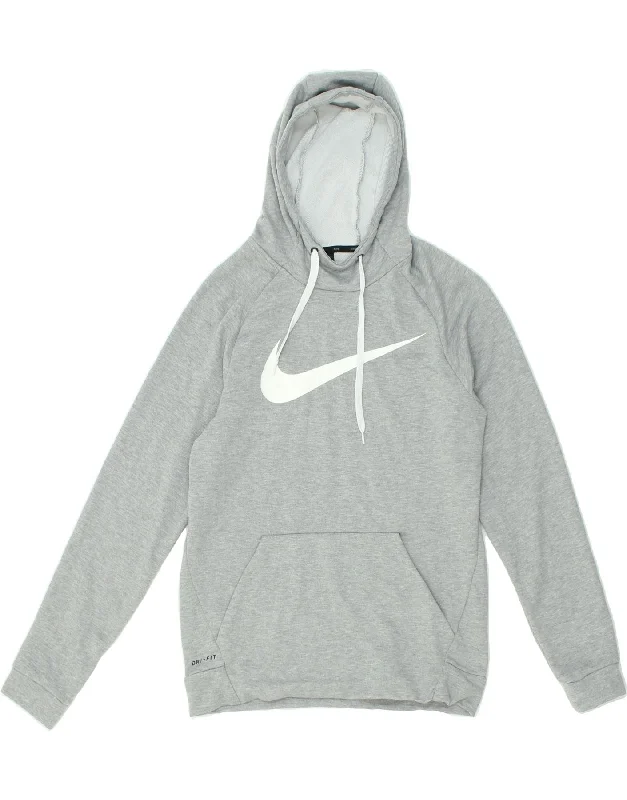 NIKE Womens Dri Fit Oversized Graphic Hoodie Jumper UK 10 Small Grey Hoodie with Hem Raw Edge Edgy Unfinished NIKE Womens Dri Fit Oversized Graphic Hoodie Jumper UK 10 Small Grey Hoodie with Hem Raw Edge Edgy Unfinished