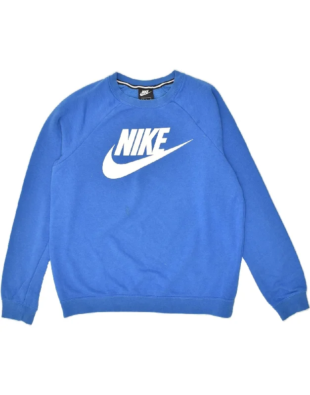 NIKE Womens Graphic Sweatshirt Jumper UK 14 Medium Blue Cotton Hoodie with Back Slit Movement Comfort NIKE Womens Graphic Sweatshirt Jumper UK 14 Medium Blue Cotton Hoodie with Back Slit Movement Comfort
