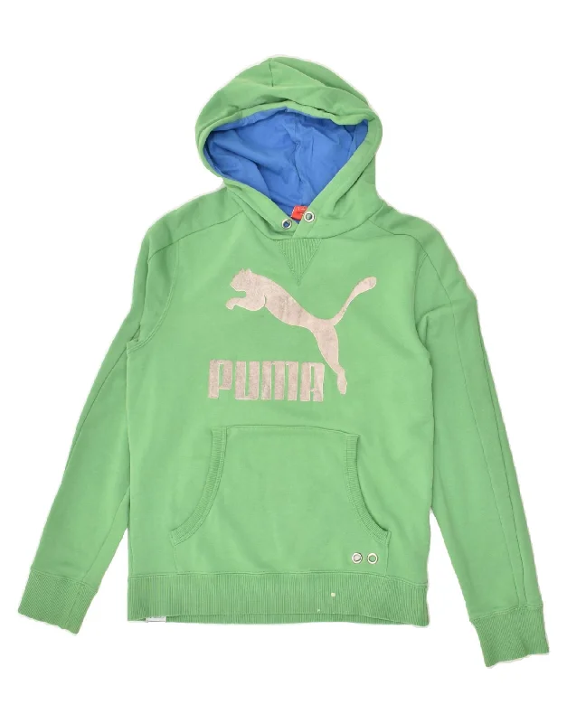 PUMA Womens Graphic Hoodie Jumper UK 10 Small Green Cotton Hoodie with Pocket Utility Practical PUMA Womens Graphic Hoodie Jumper UK 10 Small Green Cotton Hoodie with Pocket Utility Practical
