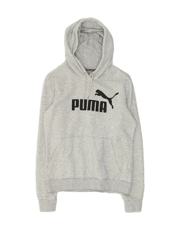 PUMA Womens Graphic Hoodie Jumper UK 10 Small Grey Cotton Hoodie with Embroidery Detailed Premium PUMA Womens Graphic Hoodie Jumper UK 10 Small Grey Cotton Hoodie with Embroidery Detailed Premium