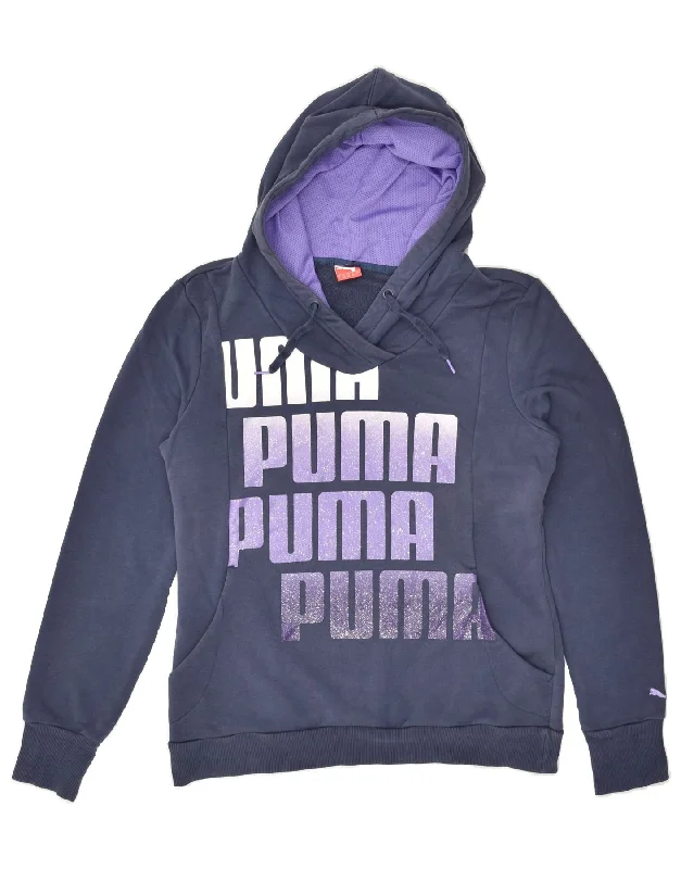 PUMA Womens Graphic Hoodie Jumper UK 14 Large Navy Blue Cotton Hoodie with Longline Fit Extended Stylish PUMA Womens Graphic Hoodie Jumper UK 14 Large Navy Blue Cotton Hoodie with Longline Fit Extended Stylish