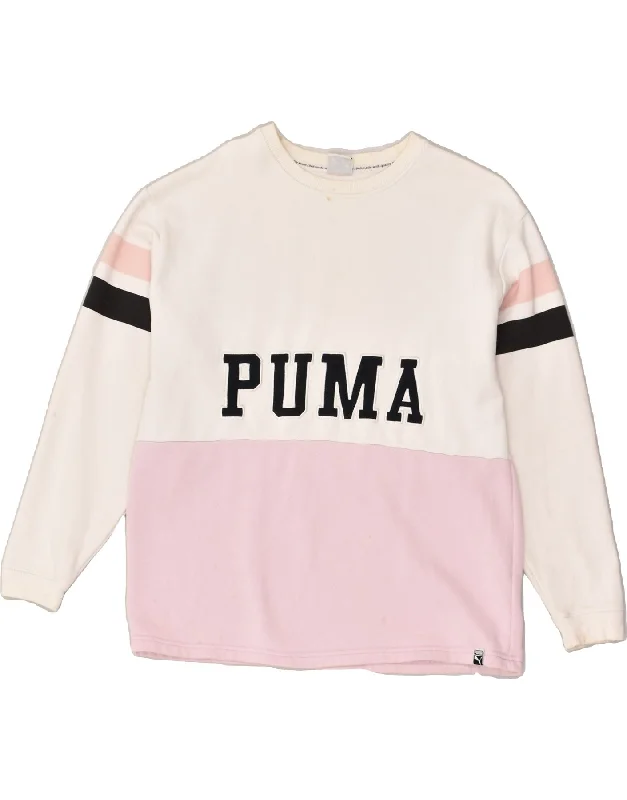 PUMA Womens Graphic Sweatshirt Jumper UK 10 Small White Colourblock Cotton Hoodie with Stripes Bold Sporty PUMA Womens Graphic Sweatshirt Jumper UK 10 Small White Colourblock Cotton Hoodie with Stripes Bold Sporty