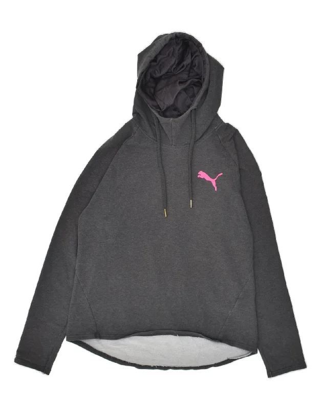 PUMA Womens Hoodie Jumper UK 12 Medium Grey Cotton Hoodie with Hem Frayed Vintage Worn PUMA Womens Hoodie Jumper UK 12 Medium Grey Cotton Hoodie with Hem Frayed Vintage Worn