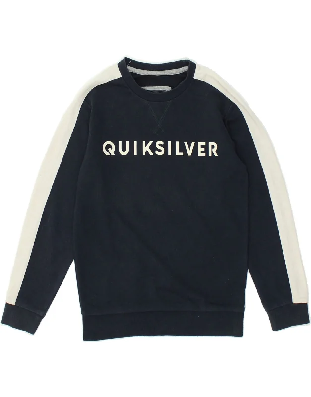QUIKSILVER Womens Graphic Sweatshirt Jumper UK 6 XS Navy Blue Cotton Hoodie with Hem Frayed Vintage Worn QUIKSILVER Womens Graphic Sweatshirt Jumper UK 6 XS Navy Blue Cotton Hoodie with Hem Frayed Vintage Worn
