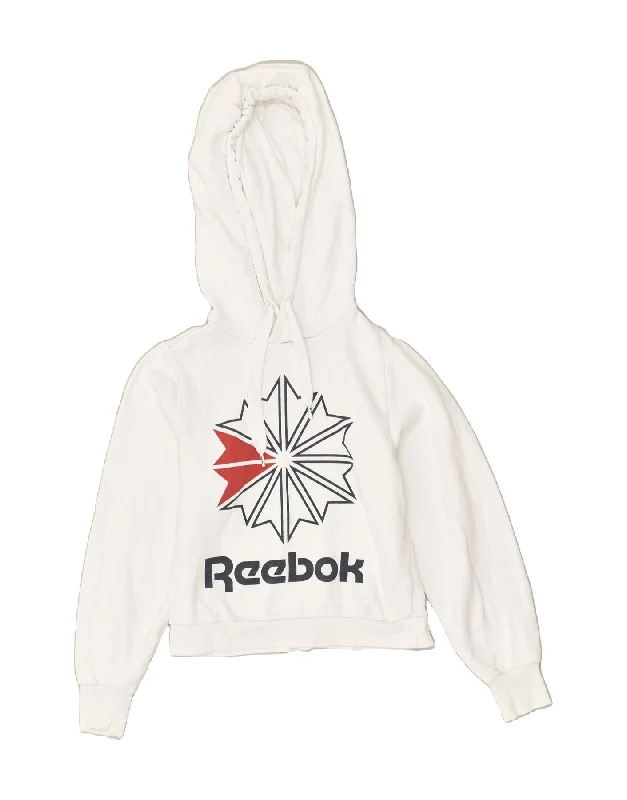 REEBOK Womens Graphic Hoodie Jumper UK 4- 6 XS White Cotton Hoodie with Hem Applique Textured Unique REEBOK Womens Graphic Hoodie Jumper UK 4- 6 XS White Cotton Hoodie with Hem Applique Textured Unique