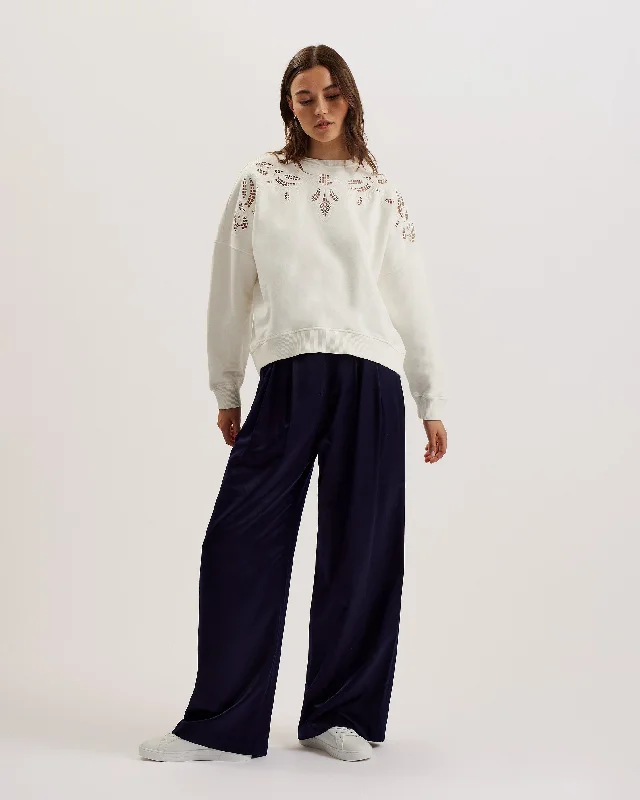 Rondha Embroidered Cut Out Sweatshirt Ivory Hoodie with Elastic Cuffs Stretchable Comfortable Rondha Embroidered Cut Out Sweatshirt Ivory Hoodie with Elastic Cuffs Stretchable Comfortable