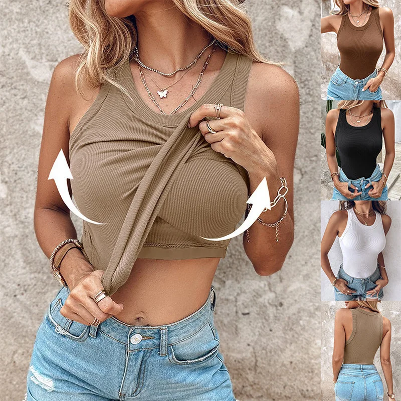 Round Neck Vest With Bra Summer Solid Color Bottom Sleeveless Top Womens Clothing Wireless Push-Up Bra