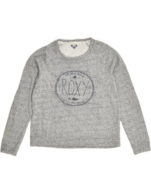 ROXY Womens Graphic Sweatshirt Jumper UK 14 Medium Grey Flecked Cotton Hoodie with Applique Textured Unique ROXY Womens Graphic Sweatshirt Jumper UK 14 Medium Grey Flecked Cotton Hoodie with Applique Textured Unique