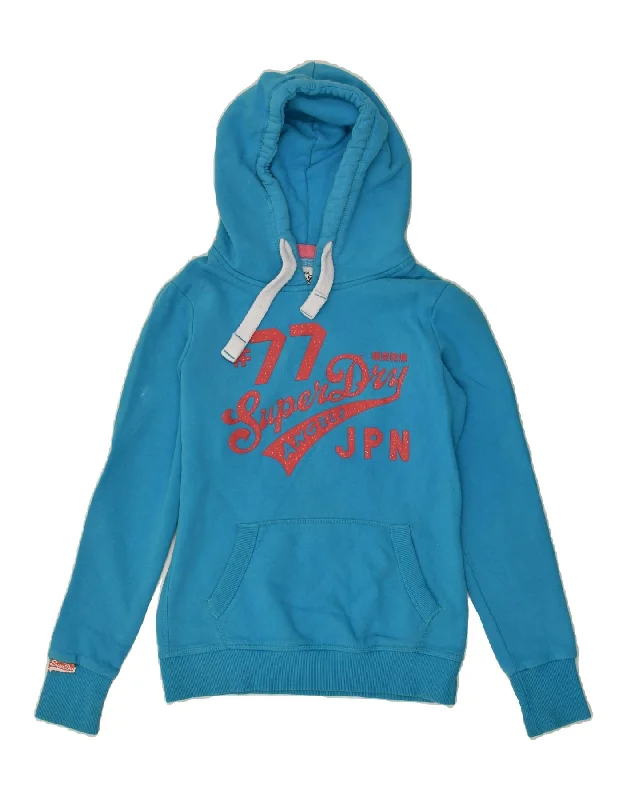 SUPERDRY Womens Graphic Hoodie Jumper UK 10 Small Blue Cotton Hoodie with Hem Applique Textured Unique SUPERDRY Womens Graphic Hoodie Jumper UK 10 Small Blue Cotton Hoodie with Hem Applique Textured Unique