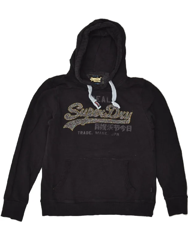 SUPERDRY Womens Graphic Hoodie Jumper UK 16 Large Black Cotton Hoodie with Slit Hem Functional Movement SUPERDRY Womens Graphic Hoodie Jumper UK 16 Large Black Cotton Hoodie with Slit Hem Functional Movement