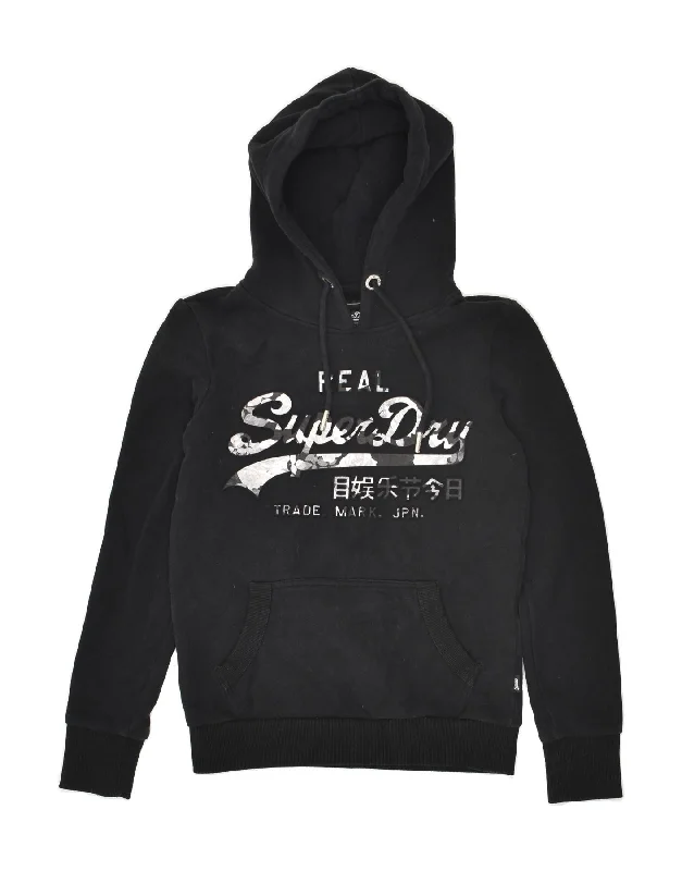 SUPERDRY Womens Graphic Hoodie Jumper UK 8 Small Black Cotton Hoodie with Thumb Holes Functional Cozy SUPERDRY Womens Graphic Hoodie Jumper UK 8 Small Black Cotton Hoodie with Thumb Holes Functional Cozy