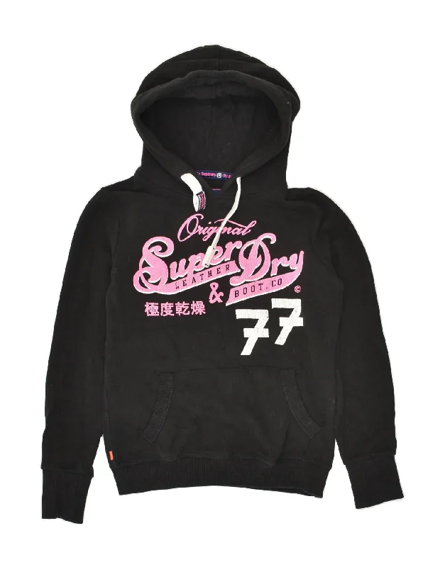 SUPERDRY Womens Vintage Graphic Hoodie Jumper UK 10 Small Black Cotton Hoodie with Patch Decorative Personalized SUPERDRY Womens Vintage Graphic Hoodie Jumper UK 10 Small Black Cotton Hoodie with Patch Decorative Personalized