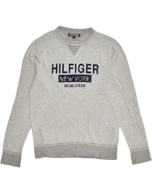 TOMMY HILFIGER Womens Graphic Sweatshirt Jumper UK 10 Small Grey Cotton Hoodie with V-Neck Classic Versatile TOMMY HILFIGER Womens Graphic Sweatshirt Jumper UK 10 Small Grey Cotton Hoodie with V-Neck Classic Versatile