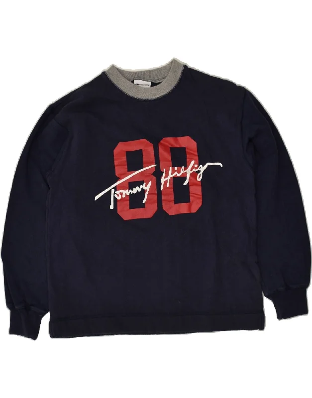 TOMMY HILFIGER Womens Graphic Sweatshirt Jumper UK 10 Small Navy Blue Hoodie with Stripes Bold Sporty TOMMY HILFIGER Womens Graphic Sweatshirt Jumper UK 10 Small Navy Blue Hoodie with Stripes Bold Sporty