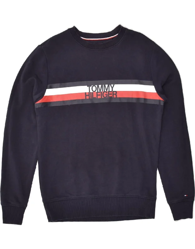 TOMMY HILFIGER Womens Graphic Sweatshirt Jumper UK 14 Medium Navy Blue Hooded Sweatshirt Casual Wear Street Style TOMMY HILFIGER Womens Graphic Sweatshirt Jumper UK 14 Medium Navy Blue Hooded Sweatshirt Casual Wear Street Style