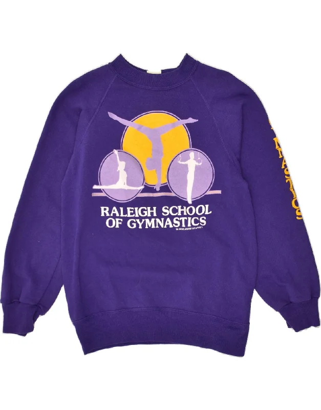 VINTAGE Womens Graphic Sweatshirt Jumper UK 10 Small Purple Polyester Hoodie with Puffed Sleeves Voluminous Trendy VINTAGE Womens Graphic Sweatshirt Jumper UK 10 Small Purple Polyester Hoodie with Puffed Sleeves Voluminous Trendy