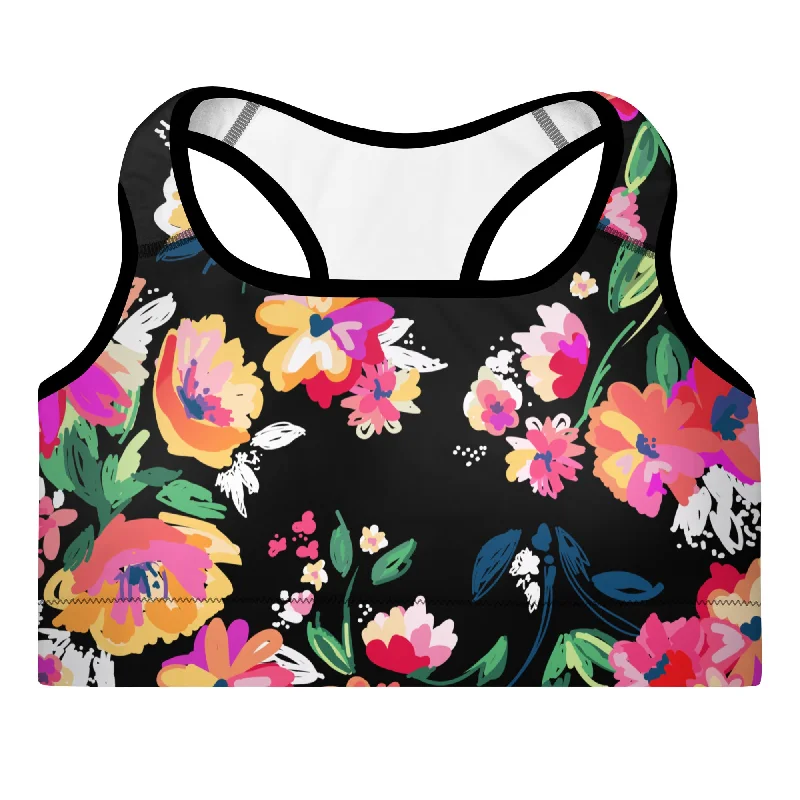 Women's A-C Cup Padded Sports Bra, Rose Garden (Black) Light Seamless Bra